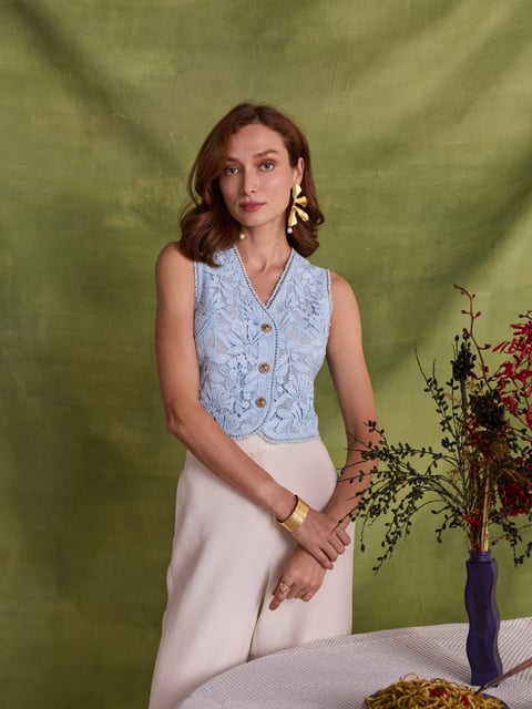 Blue Lace Button-Front Vest Top