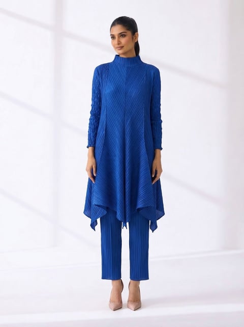 Blue Crushed Sleeves Kurti Set