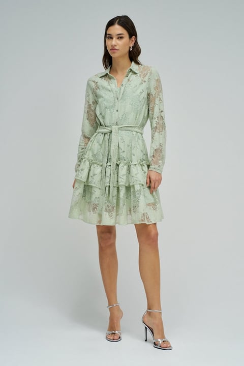Light Green Lace Belted Mini Shirt Dress