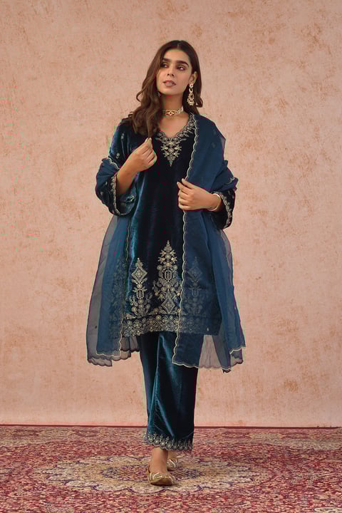 Teal Blue Velvet Embroidered Suit
