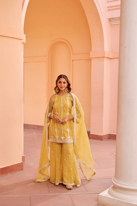 Yellow Organza Embroidered Kurta Sharara Set with Dupatta