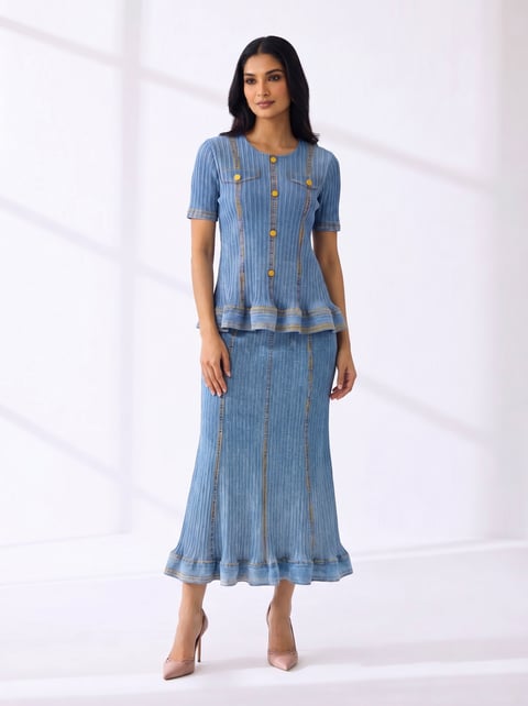 Blue Rib-Knit Peplum Top and Midi Skirt Co-ord Set
