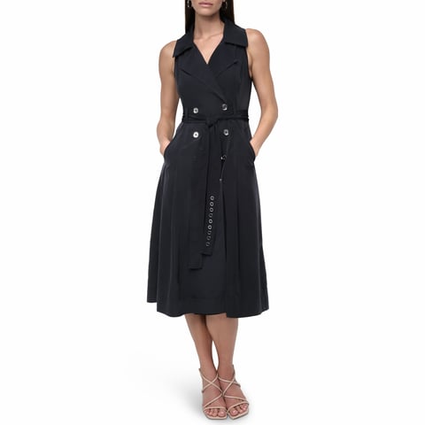 SLEEVELESS TECH COTTON BELTED MIDI DRESS
