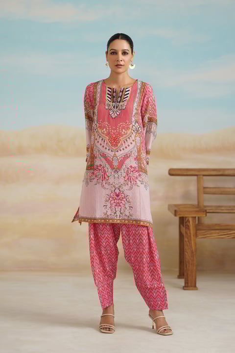 Pink Printed Kurta and Tapered Pants Co-ord Set