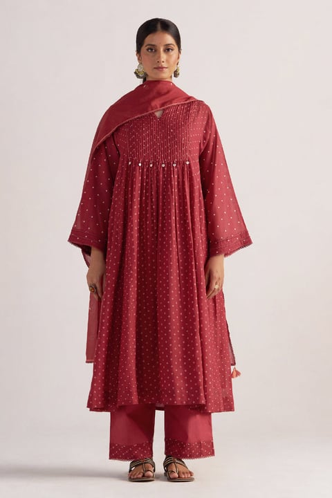 Garnet Red Bandhani Print Mul Chanderi Kurta Set