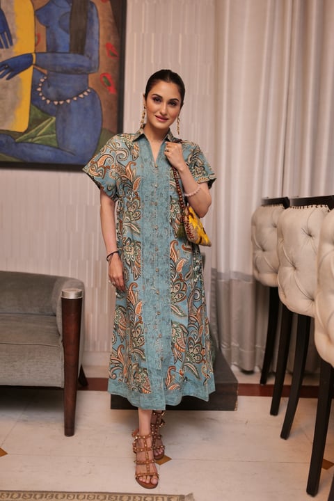 Blue Paisley Print Midi Shirt Dress with Waist Ties