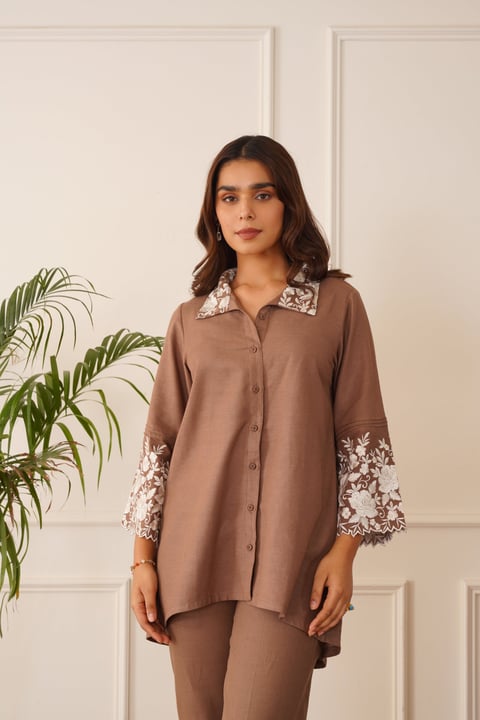 Brown Cotton Linen Embroidered Co-ord Set