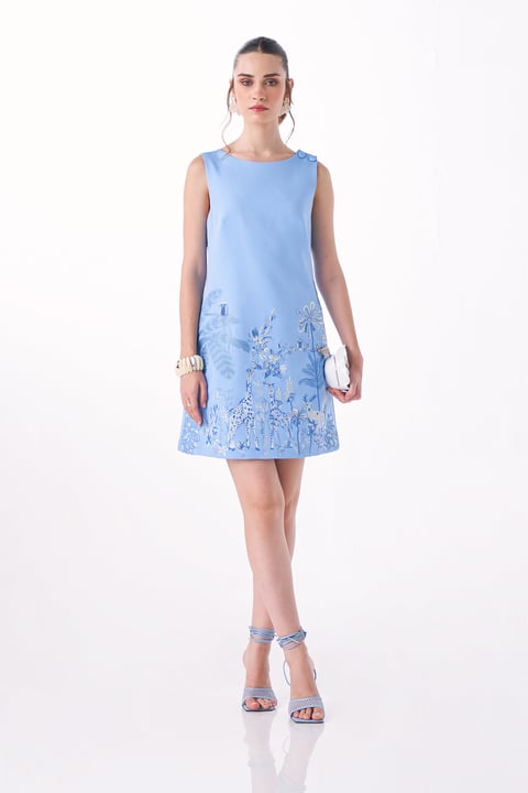 Ice Blue Banana Crepe A-Line Mini Dress with Embroidery