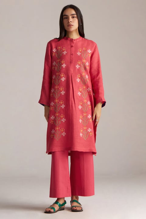 Pink Linen Kurta and Wide-Leg Pant Co-ord Set