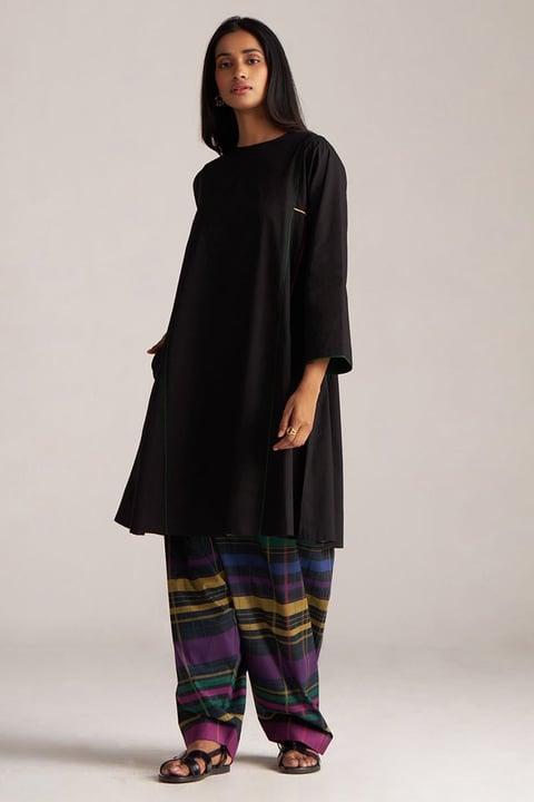 Black Kurta and Multicolour Checked Salwar Co-ord Set