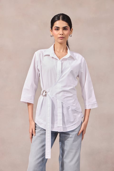 Bright White Cotton Poplin Wrap Shirt with Tie-Up Detail