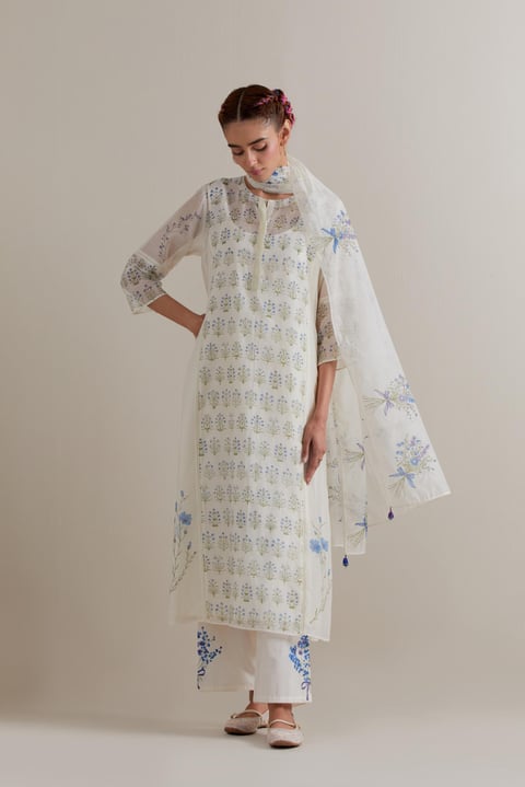 Off-White Blue Green Floral Block Print Kurta Set