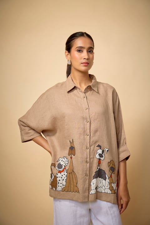 Khaki Linen Relaxed-Fit Shirt with Illustrated Hem Print