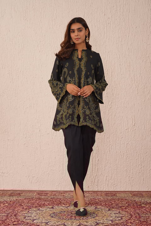 Black Woven Dhoti Set