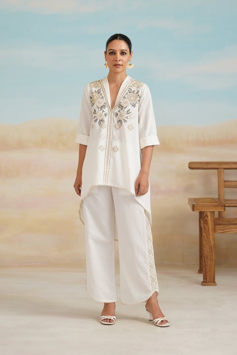 White Cotton Linen Embroidered Co-ord Set