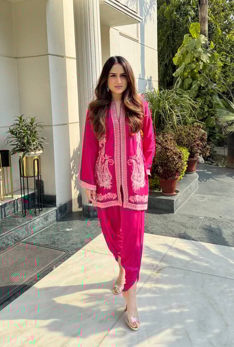Hot Pink Embroidered Kurta and Dhoti Co-ord Set