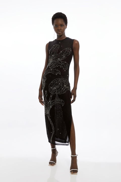 Placed Embellished Floral Mesh Jersey Midi Dress