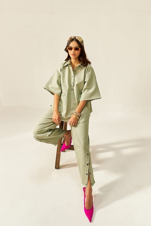 Frosty Green Denim Co-ord Set with Collared Top and Trousers
