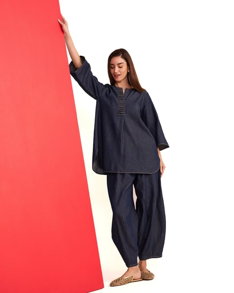 Indigo Denim Tunic and Wide-Leg Pants Co-ord Set
