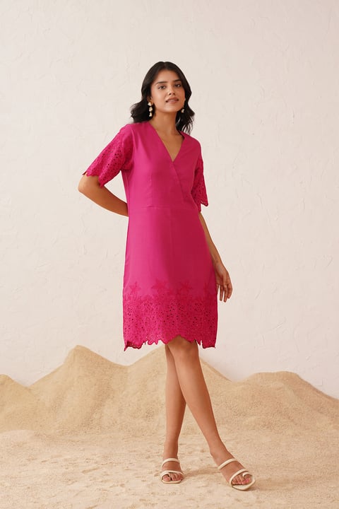 Hot Pink Cutwork Embroidered Knee-Length Dress