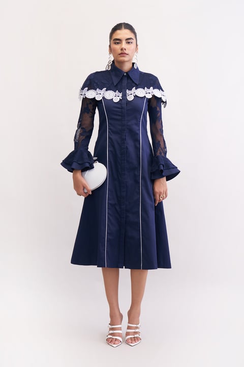 Navy Cotton Satin Lace Yoke Button-Down Midi Dress