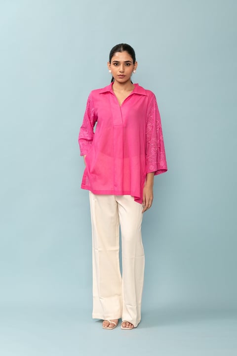 Hot Pink Embroidered Sleeve V-Neck Shirt