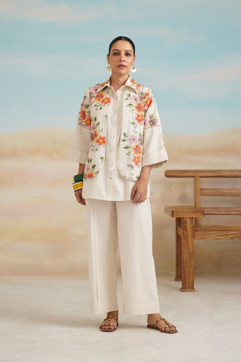 Cream Cotton Flex Embroidered Co-ord Set