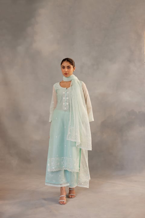 Mint Green Embroidered Straight Kurta Suit Set