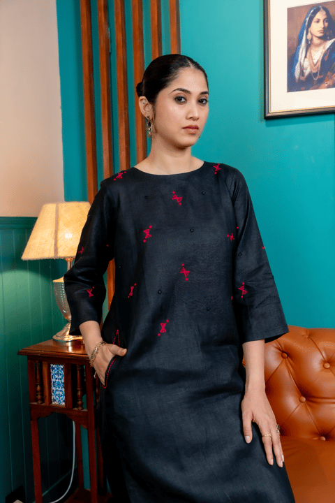 Black Linen Straight Kurta Set with Contrast Embroidery
