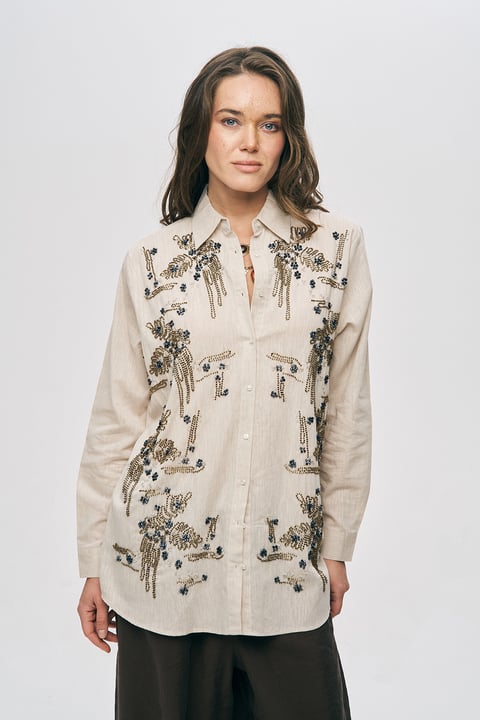 Embroidered Linen-Blend Button-Down In Sand Shirt