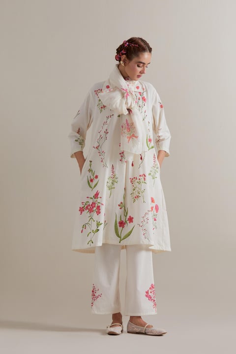Off-White Floral A-Line Kurta Set