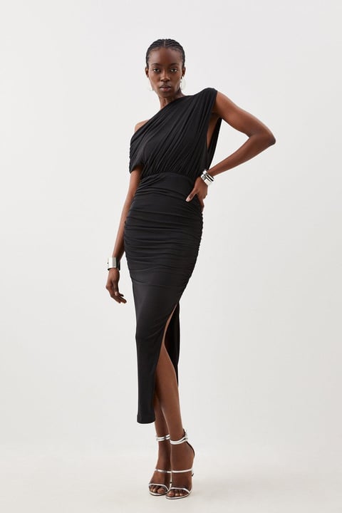 Jersey Crepe Asymmetric Neckline Maxi Dress