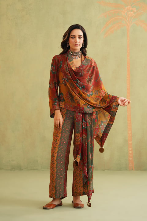 Multi Printed Crepe Co-ord Set with Cape Overlay
