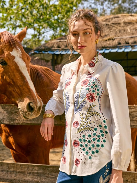 White Embroidered Cotton Button-Down Shirt
