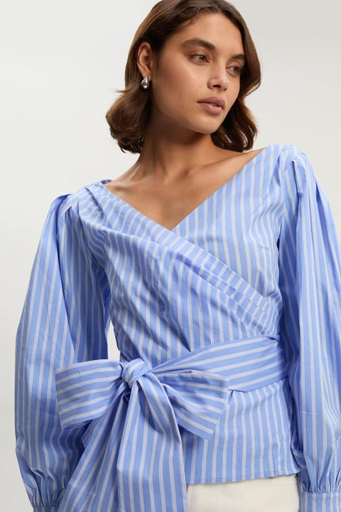 Blue Striped Wrap Blouse with Side Tie