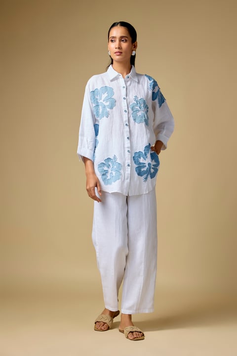 Pure Linen White Denim Floral Applique Shirt