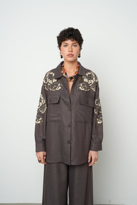 Embellished Brown Shirt With Floral Beadwork And Utility Pockets