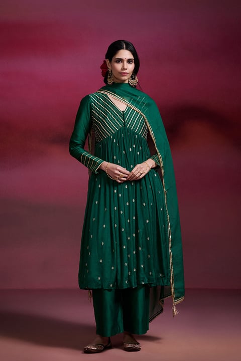 Chandramukhi Emerald Green Silk Anarkali Kurta Set