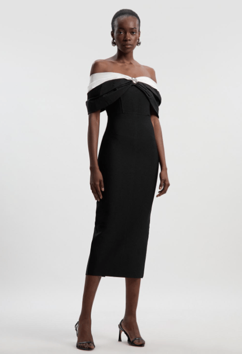 Taffeta Bardot Figure Form Maxi Dress