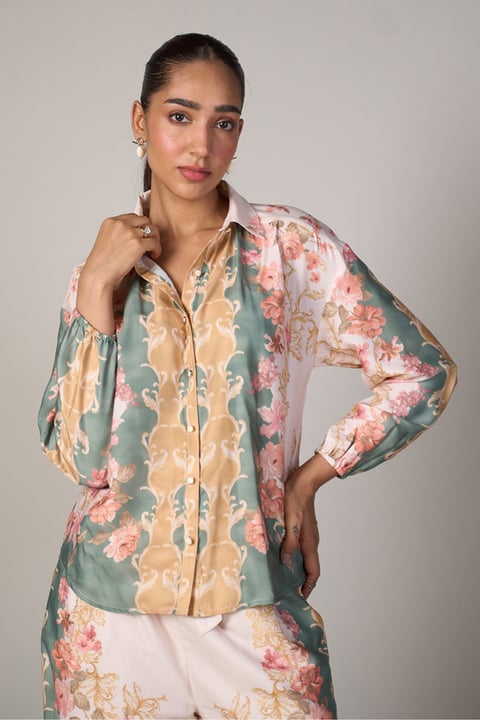 White Floral Satin Button-Down Shirt