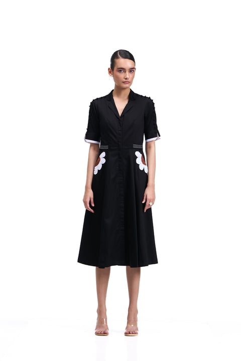 Black Cotton Twill A-Line Button-Down Midi Shirt Dress