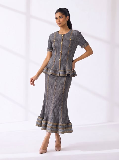 Black Button-Front Peplum Top and Maxi Skirt Co-ord Set
