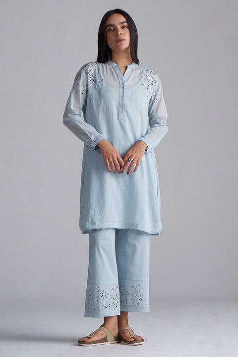 Chalk Blue Chikankari Kurta and Pant Co-ord Set with Slip