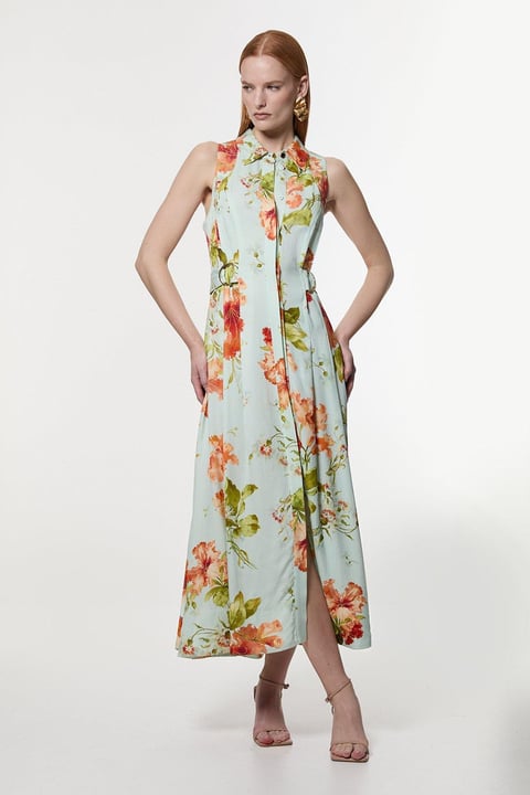 Premium Viscose Linen Floral Topstitch Halter Neck Woven Midi Dress With D Ring Detail