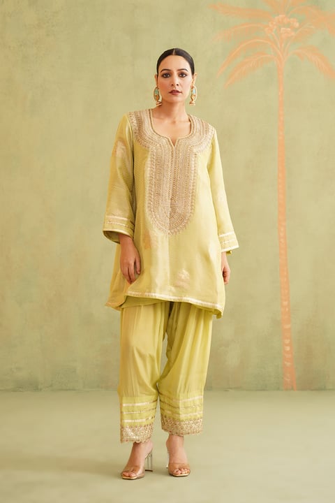 Green Brocade Embroidered Kurta Suit Set