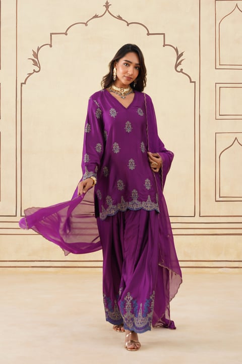 Wine Embroidered Kurta Set with Farshi Pants and Dupatta