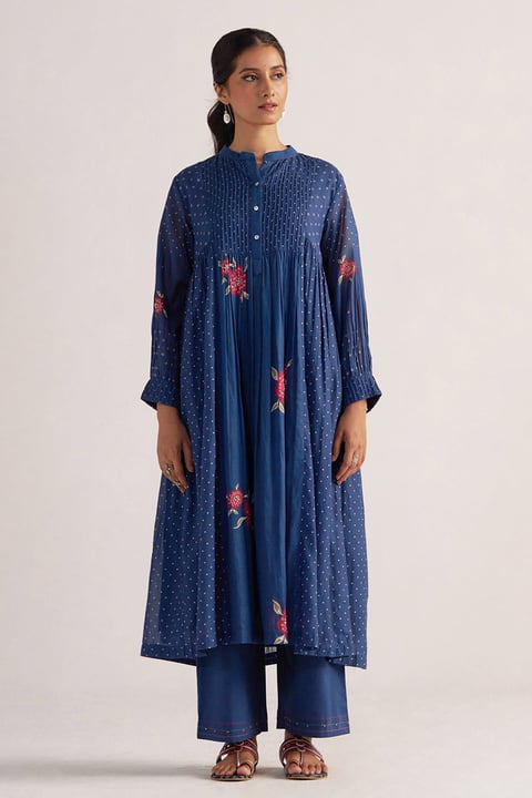 Navy Blue Bandhani and Flower Print Mul-Chanderi Co-ord Set