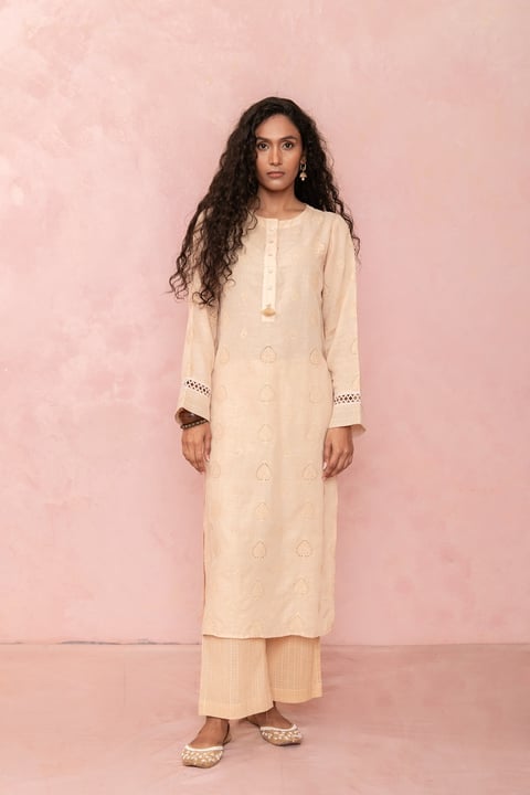 Beige Linen Asymmetric Kurta Set with Embroidered Buttis
