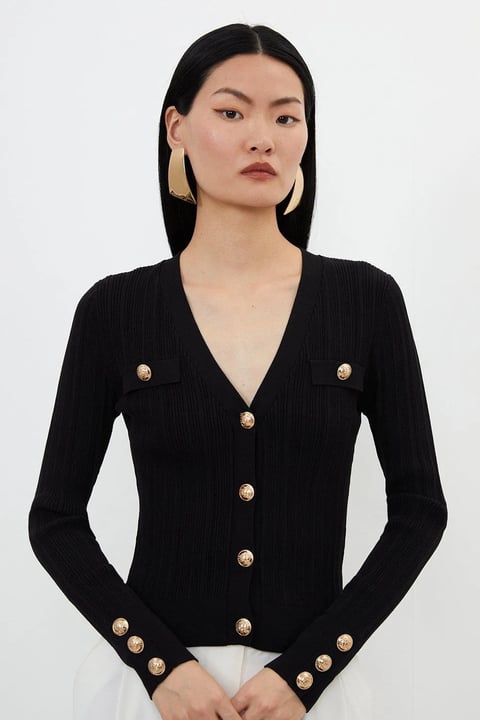 Black Rib-Knit V-Neck Button-Front Top