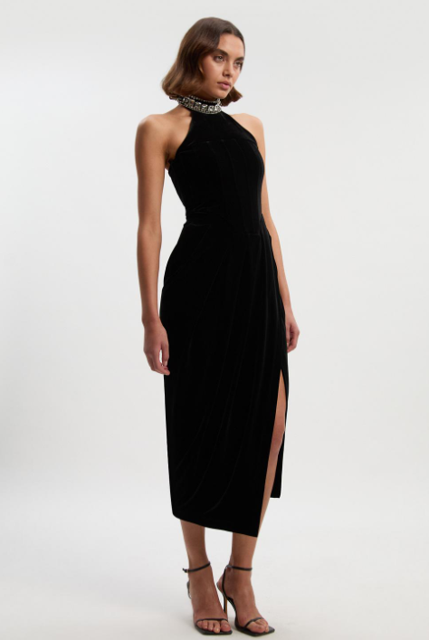 Tailored Velvet Halter Embellished Neck Midi Dress